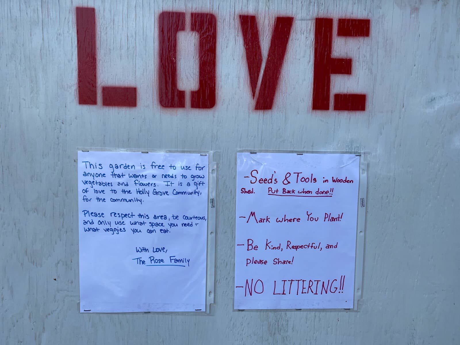 Holly Grove community garden love sign